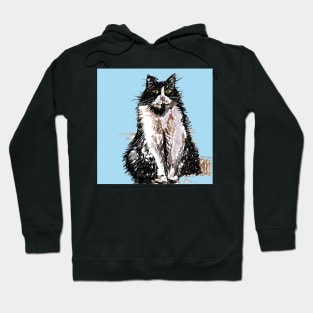 Tuxedo Cat Cute Drawing - on Blue Hoodie